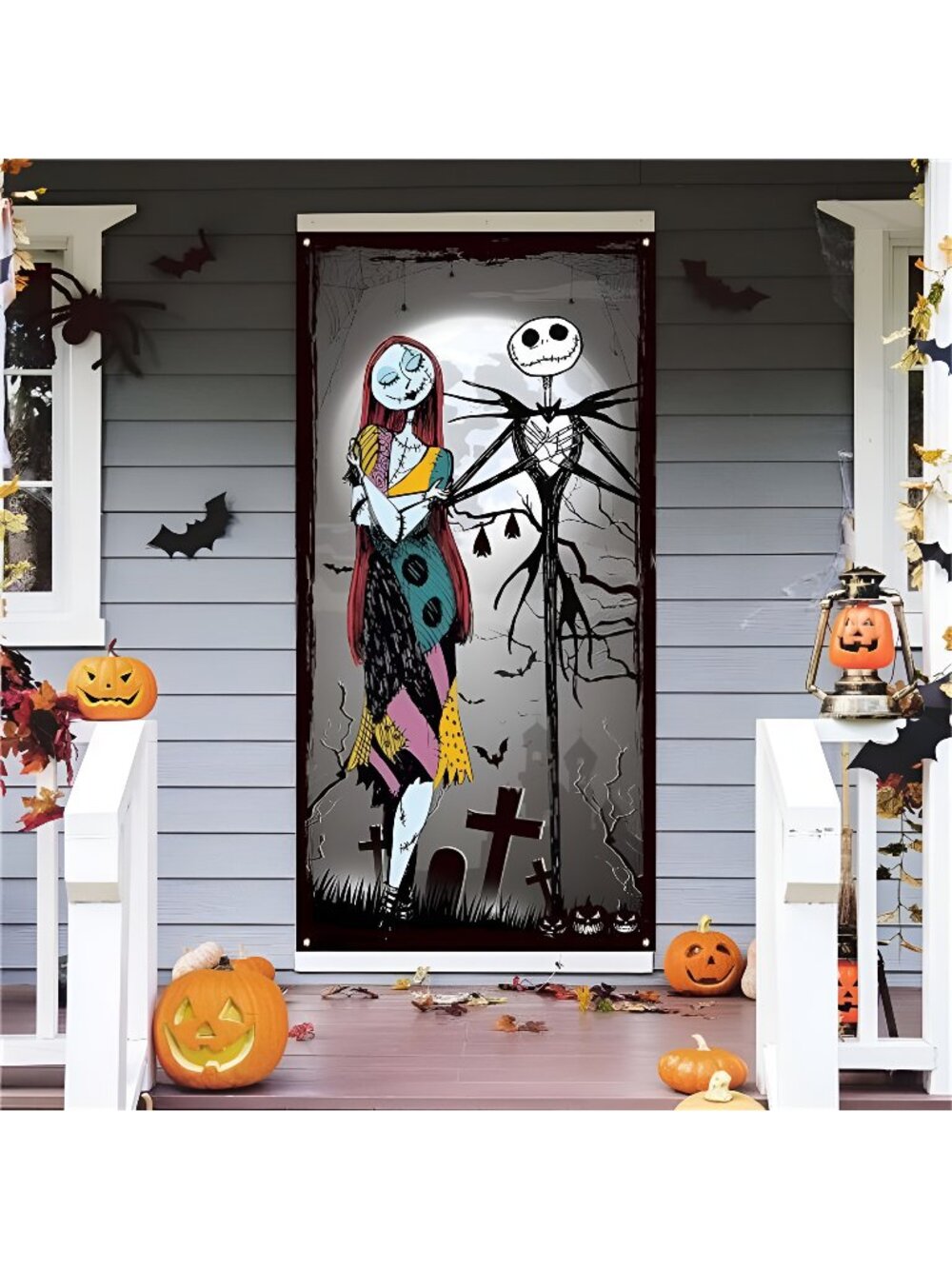 Halloween Decorations Halloween Gothic Skull Door Cover Jack and Sally Decor